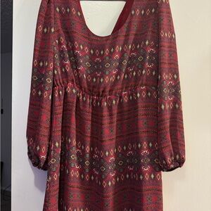 Umgee Red and Gold Patterned Long Sleeve Dress